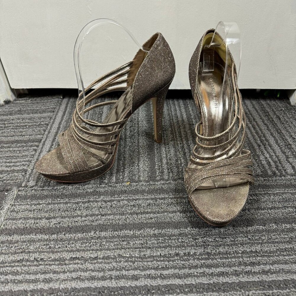 Gianni Bini gold metallic strappy stiletto open toe heels.